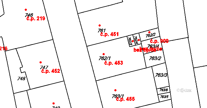 Zábrdovice 453, Brno na parcele st. 762/1 v KÚ Zábrdovice, Katastrální mapa