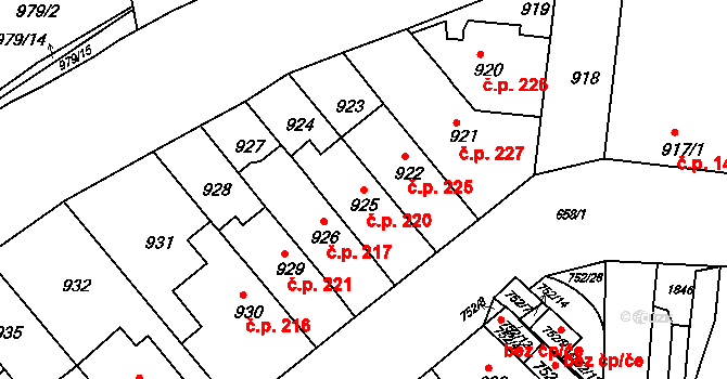 Komárov 220, Brno na parcele st. 925 v KÚ Komárov, Katastrální mapa
