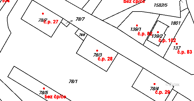 Velemyšleves 28 na parcele st. 78/3 v KÚ Velemyšleves, Katastrální mapa