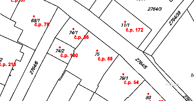 Střed 55, Rokycany na parcele st. 75 v KÚ Rokycany, Katastrální mapa