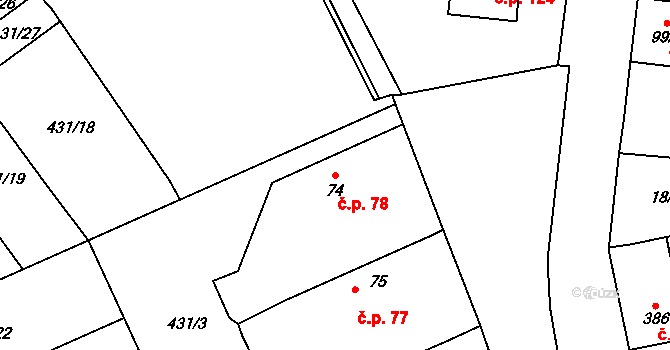 Sendražice 78, Kolín na parcele st. 74 v KÚ Sendražice u Kolína, Katastrální mapa