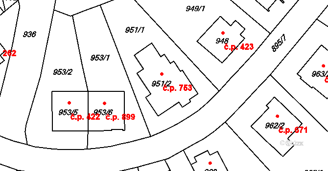 Libuš 753, Praha na parcele st. 951/2 v KÚ Libuš, Katastrální mapa