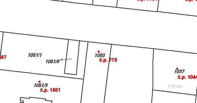 Holešovice 775, Praha na parcele st. 1050 v KÚ Holešovice, Katastrální mapa