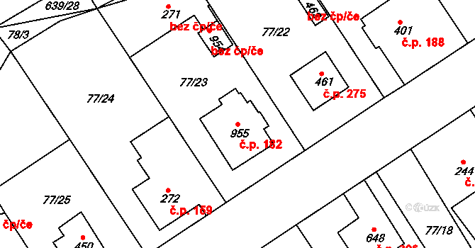Třebeš 182, Hradec Králové na parcele st. 955 v KÚ Třebeš, Katastrální mapa