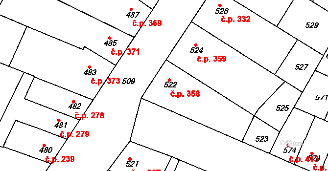 Blučina 358 na parcele st. 522 v KÚ Blučina, Katastrální mapa