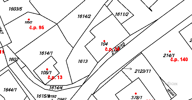 Lhota u Vsetína 14 na parcele st. 104 v KÚ Lhota u Vsetína, Katastrální mapa