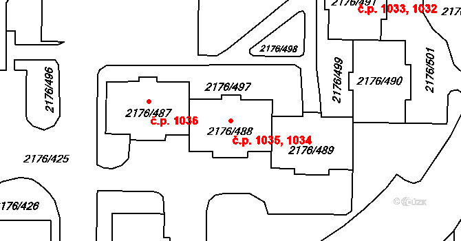 Skvrňany 1034,1035, Plzeň na parcele st. 2176/488 v KÚ Skvrňany, Katastrální mapa