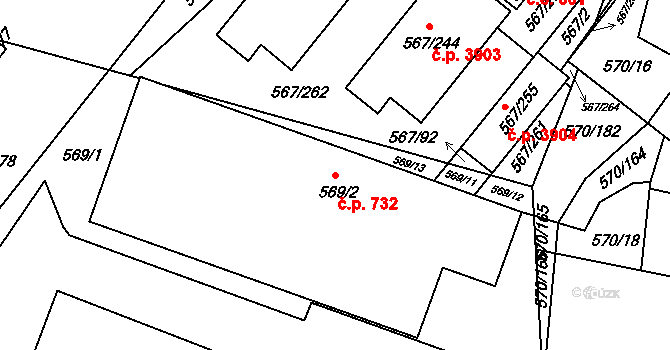 Vyškov-Předměstí 732, Vyškov na parcele st. 569/2 v KÚ Vyškov, Katastrální mapa