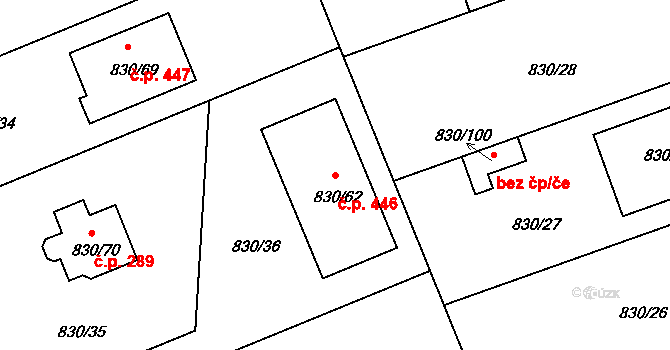 Srubec 446 na parcele st. 830/62 v KÚ Srubec, Katastrální mapa