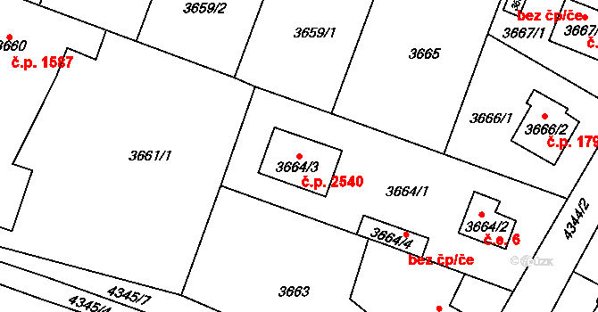 Horní Počernice 2540, Praha na parcele st. 3664/3 v KÚ Horní Počernice, Katastrální mapa