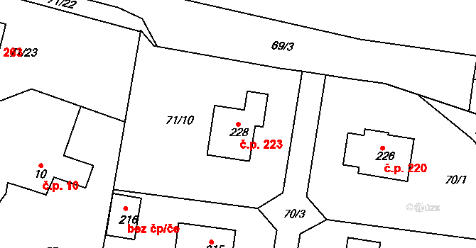 Čakovičky 223 na parcele st. 228 v KÚ Čakovičky, Katastrální mapa