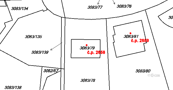 Dejvice 2658, Praha na parcele st. 3083/79 v KÚ Dejvice, Katastrální mapa