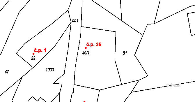 Lbosín 35, Divišov na parcele st. 49/1 v KÚ Lbosín, Katastrální mapa