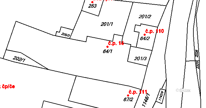 Uhelná 14 na parcele st. 64/1 v KÚ Uhelná, Katastrální mapa