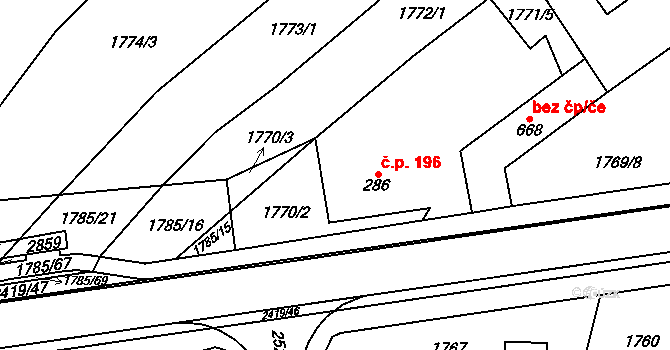Klenčí pod Čerchovem 196 na parcele st. 286 v KÚ Klenčí pod Čerchovem, Katastrální mapa