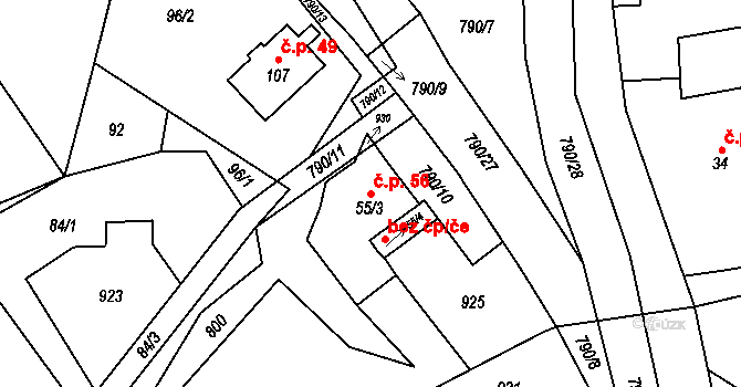 Vlkanov 56 na parcele st. 55/3 v KÚ Vlkanov u Nového Kramolína, Katastrální mapa