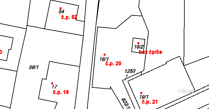 Vyšehněvice 20 na parcele st. 18/1 v KÚ Vyšehněvice, Katastrální mapa