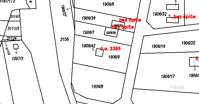 Bolevec 3385, Plzeň na parcele st. 1906/42 v KÚ Bolevec, Katastrální mapa