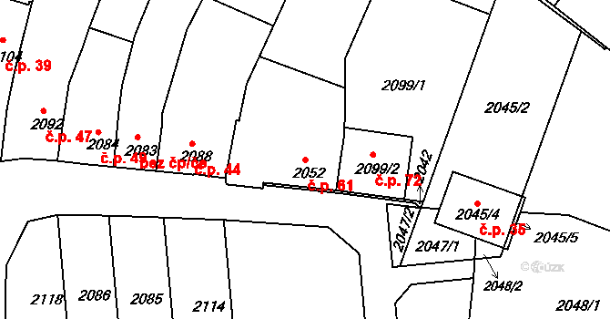 Měrůtky 61, Lutopecny na parcele st. 2052 v KÚ Měrůtky, Katastrální mapa