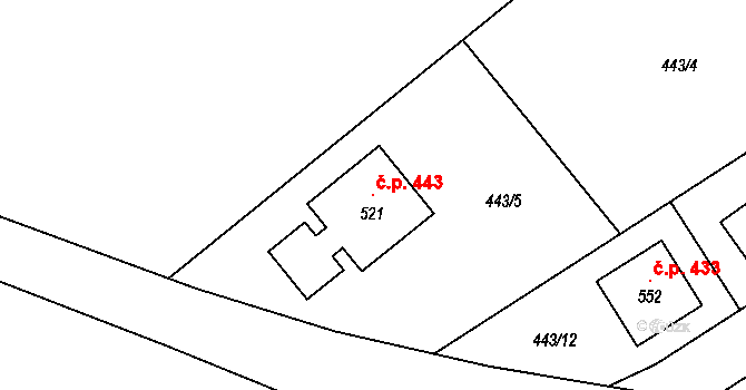 Mratín 443 na parcele st. 521 v KÚ Mratín, Katastrální mapa