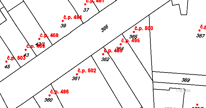 Bedihošť 485 na parcele st. 362 v KÚ Bedihošť, Katastrální mapa