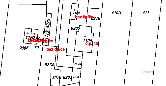 Božice 45 na parcele st. 1126 v KÚ Božice, Katastrální mapa