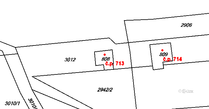 Luby 713 na parcele st. 808 v KÚ Luby I, Katastrální mapa