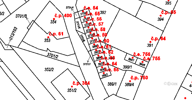 Vyškov-Předměstí 61, Vyškov na parcele st. 390/3 v KÚ Vyškov, Katastrální mapa