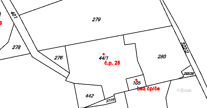 Bubovice 25 na parcele st. 44/1 v KÚ Bubovice, Katastrální mapa