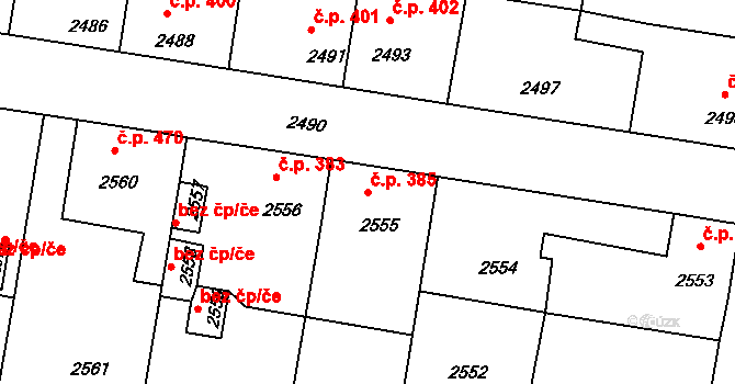 Mimoň I 385, Mimoň na parcele st. 2555 v KÚ Mimoň, Katastrální mapa