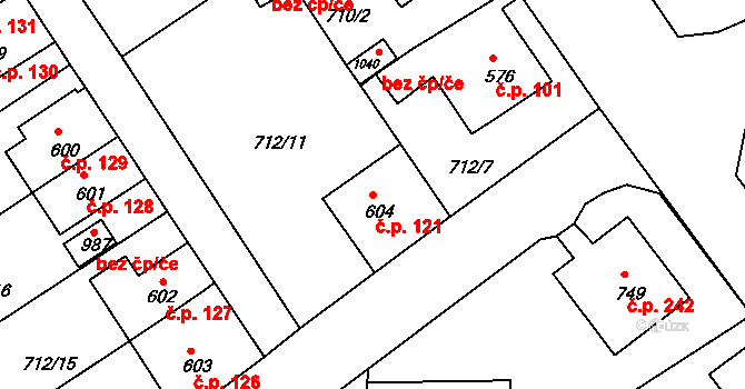 Děčín IX-Bynov 121, Děčín na parcele st. 604 v KÚ Bynov, Katastrální mapa