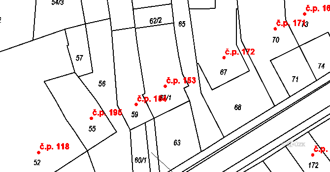 Březina 153 na parcele st. 62/1 v KÚ Proseč u Březiny, Katastrální mapa