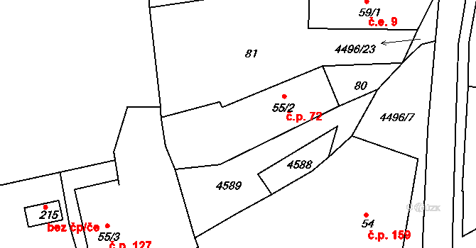 Velenovy 72, Nalžovské Hory na parcele st. 55/2 v KÚ Velenovy, Katastrální mapa