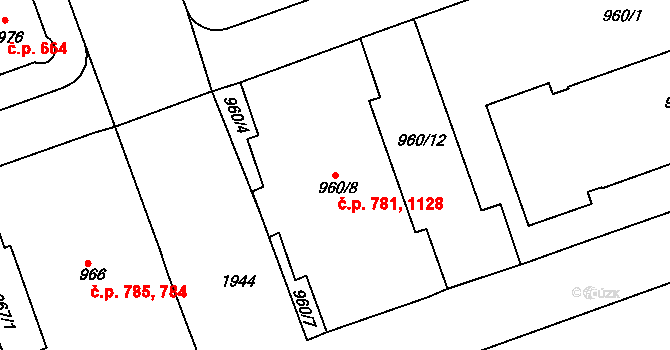 Podolí 781,1128, Praha na parcele st. 960/8 v KÚ Podolí, Katastrální mapa