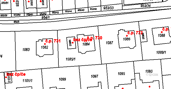 Modřany 730, Praha na parcele st. 1084 v KÚ Modřany, Katastrální mapa