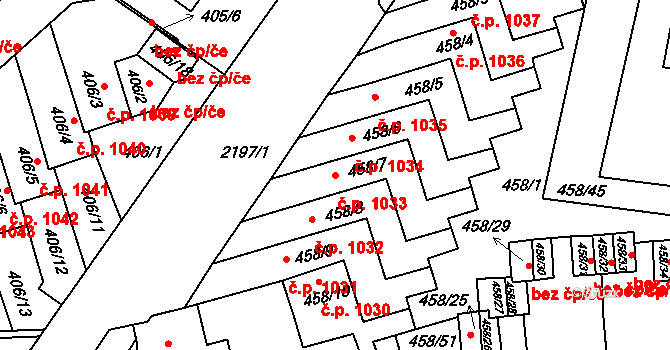 Střešovice 1033, Praha na parcele st. 458/7 v KÚ Střešovice, Katastrální mapa