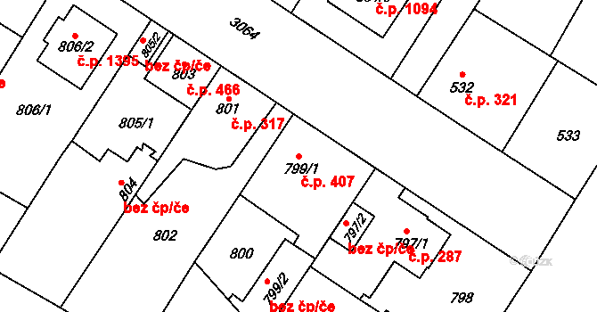 Bolevec 407, Plzeň na parcele st. 799/1 v KÚ Bolevec, Katastrální mapa