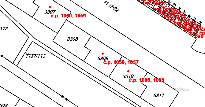 Bolevec 1057,1058, Plzeň na parcele st. 3308 v KÚ Bolevec, Katastrální mapa