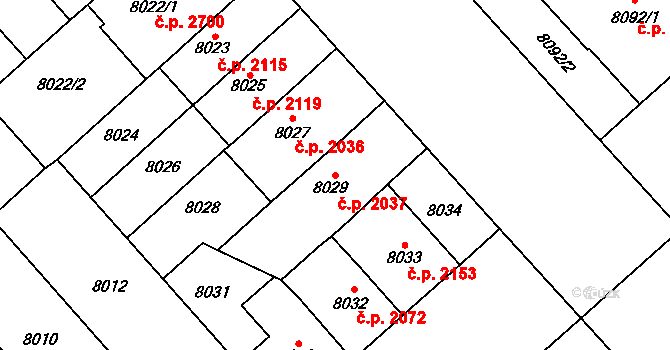 Jižní Předměstí 2037, Plzeň na parcele st. 8029 v KÚ Plzeň, Katastrální mapa