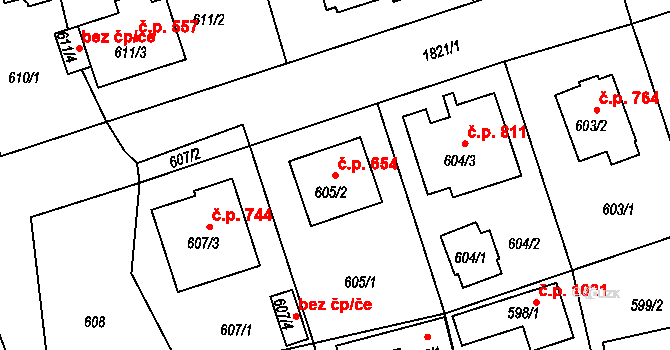 Černice 654, Plzeň na parcele st. 605/2 v KÚ Bručná, Katastrální mapa