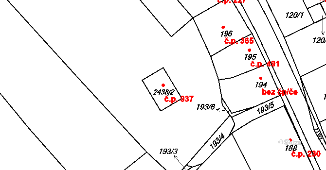 Koryčany 937 na parcele st. 2438/2 v KÚ Koryčany, Katastrální mapa