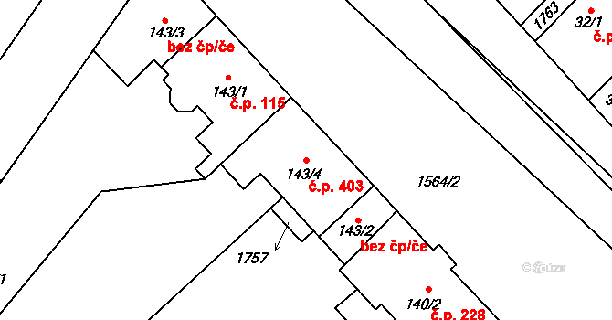 Brozany nad Ohří 403 na parcele st. 143/4 v KÚ Brozany nad Ohří, Katastrální mapa