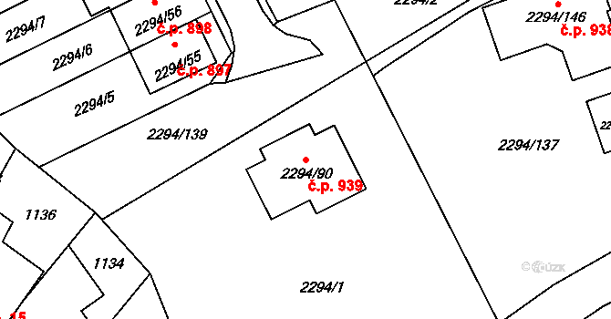 Koryčany 939 na parcele st. 2294/90 v KÚ Koryčany, Katastrální mapa