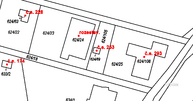 Žižlavice 253, Blansko na parcele st. 624/69 v KÚ Těchov, Katastrální mapa