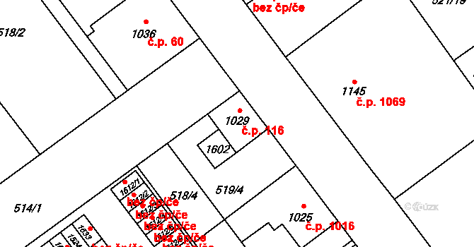 Přívoz 116, Ostrava na parcele st. 1029 v KÚ Přívoz, Katastrální mapa