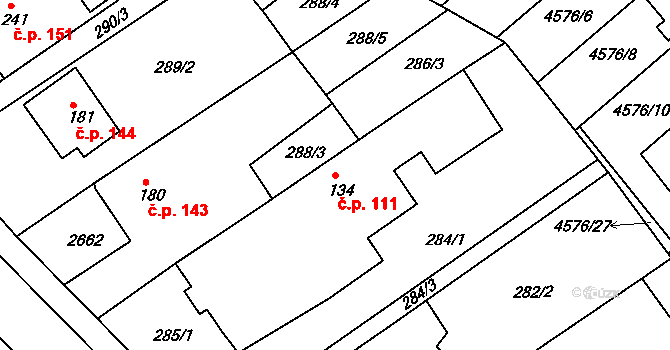 Hrádek na Vlárské dráze 111, Slavičín na parcele st. 134 v KÚ Hrádek na Vlárské dráze, Katastrální mapa