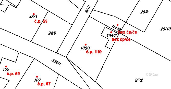 Řestoky 119 na parcele st. 106/1 v KÚ Řestoky, Katastrální mapa