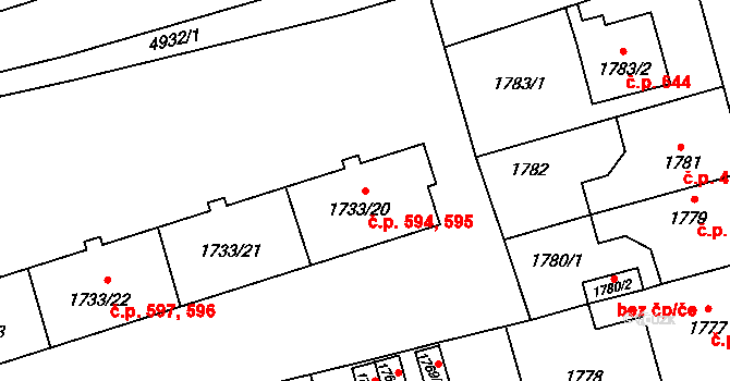 Litomyšlské Předměstí 594,595, Vysoké Mýto na parcele st. 1733/20 v KÚ Vysoké Mýto, Katastrální mapa