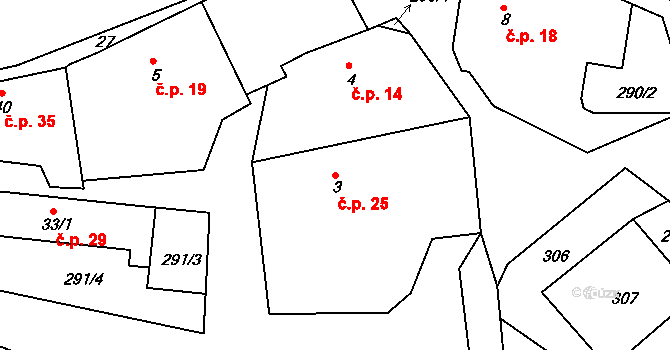 Týnec 25, Malý Bor na parcele st. 3 v KÚ Týnec u Hliněného Újezdu, Katastrální mapa
