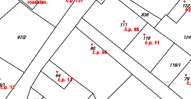 Hlavečník 69 na parcele st. 80/1 v KÚ Hlavečník, Katastrální mapa